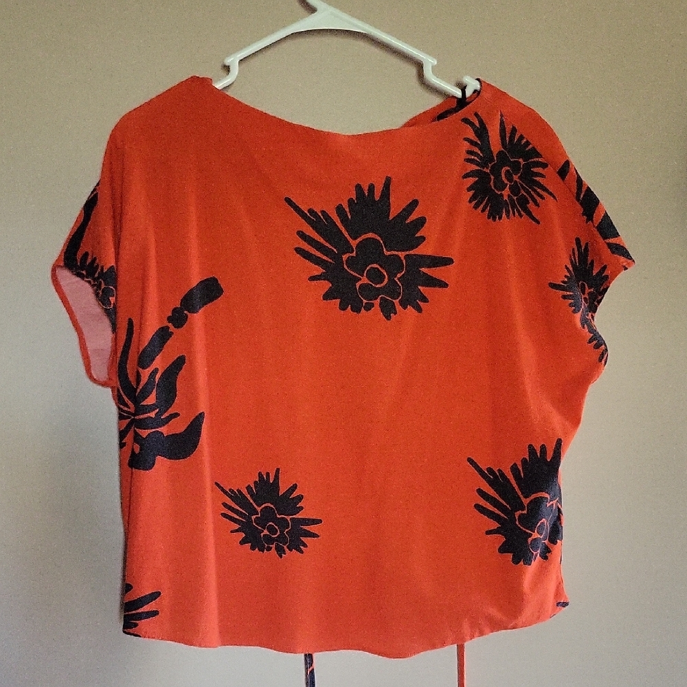 Orange And Black Floral Top With Tie In Front